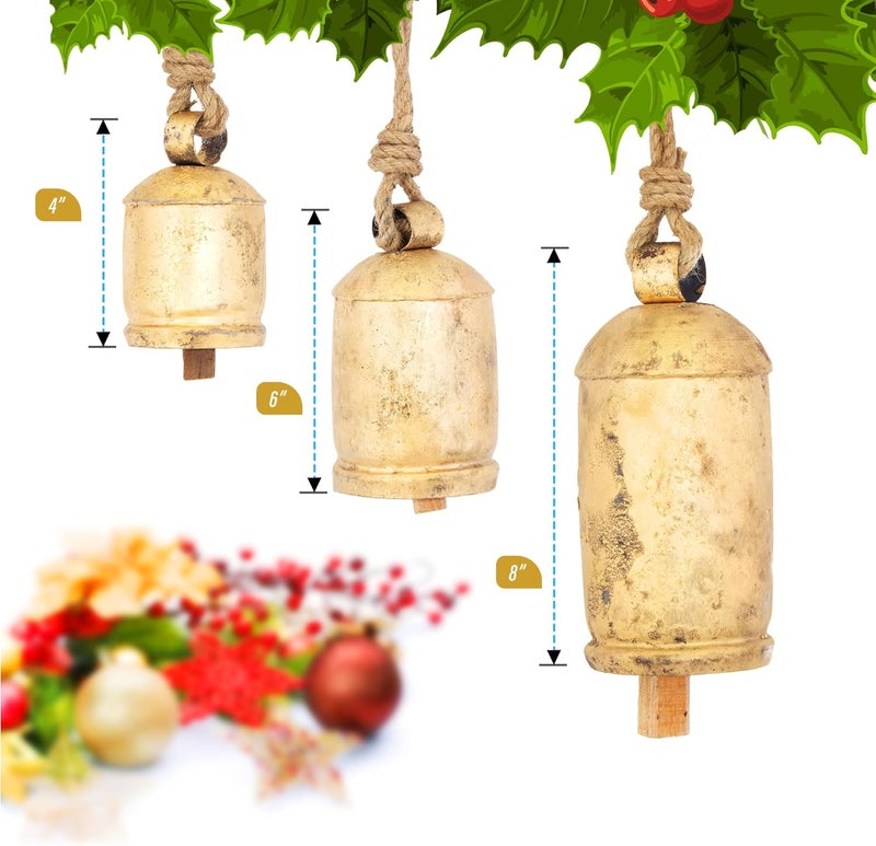 ANNA HOME Vintage Rustic Cow Bell Christmas Set - Shabby Chic Holiday Decor - 3 Bells in Various Sizes (4", 6", 8" H) Create Festive Ambiance and Invite Good Luck - Image 2